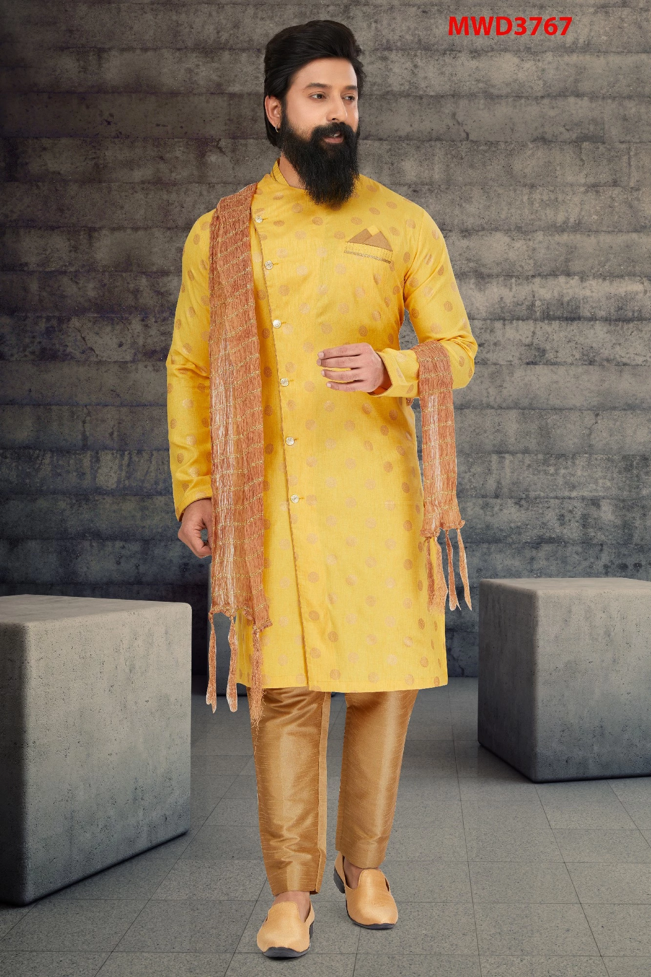 Yellow Cotton Silk Indo Western Sherwani, 36-1.webp